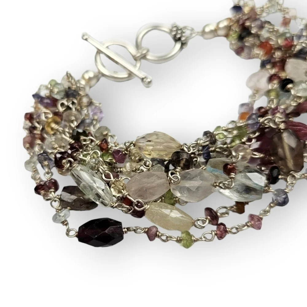 Assorted Gemstone Multi Chain Bracelet Colorful Bead Silver Plated 7.5